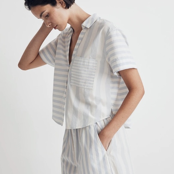Madewell Y Neck Button up Shirt NL008 Blue White Stripe XS - Picture 3 of 8